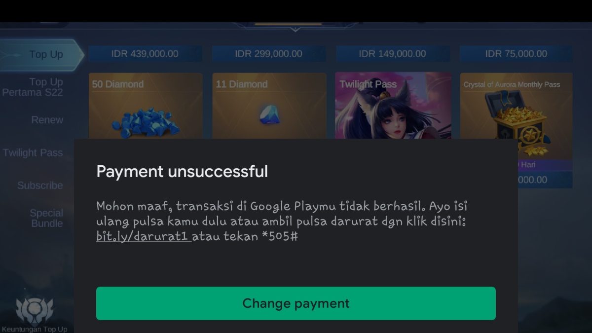 kenapa top up diamond ML gagal terus